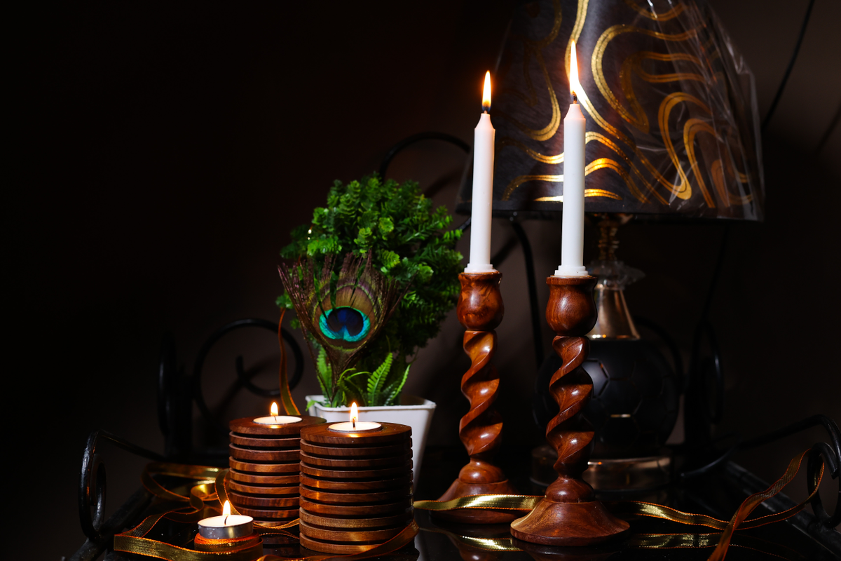 Handmade Spiral Round Wooden Candle Stand set of 2